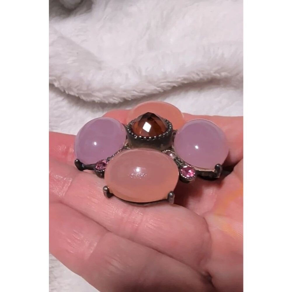 Convertible Pastel Cabochon Brooch Pendant  Pink & Peach Rhinestone Statement Pi - Picture 3 of 5